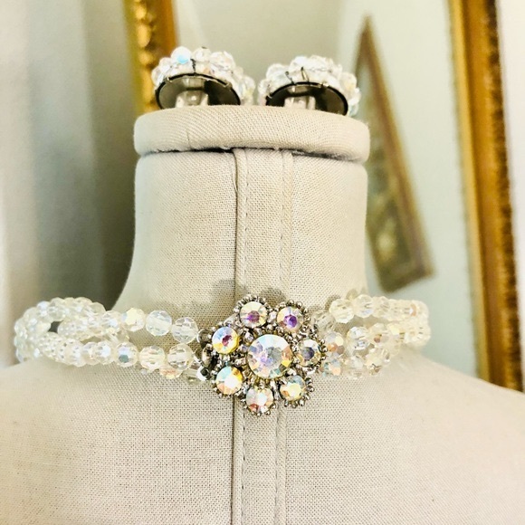 Vintage Deco GORGEOUS Aurora Borealis Rhinestone Necklace Earrings - Picture 3 of 15